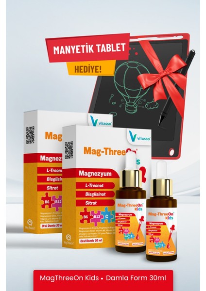 Magthreeon Kids çocuklar için Magnezyum ve Vitamin damla Manyetik Tablet Hediyeli 2'li paket