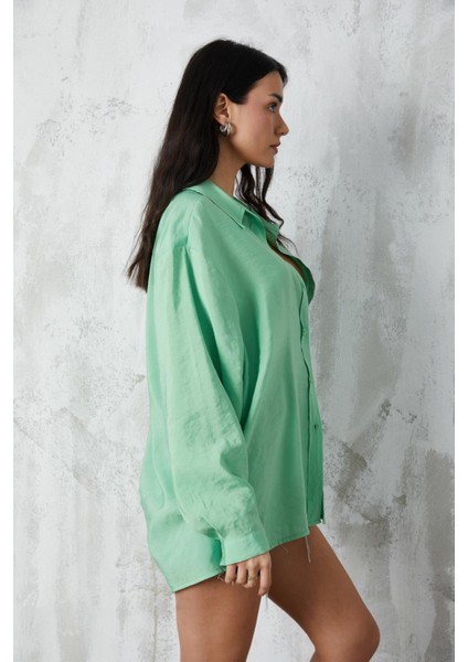 Yeşil Düşük Omuzlu Cep Detaylı Oversize Gömlek 27090 modelleri