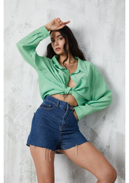 Yeşil Düşük Omuzlu Cep Detaylı Oversize Gömlek 27090 indirimleri