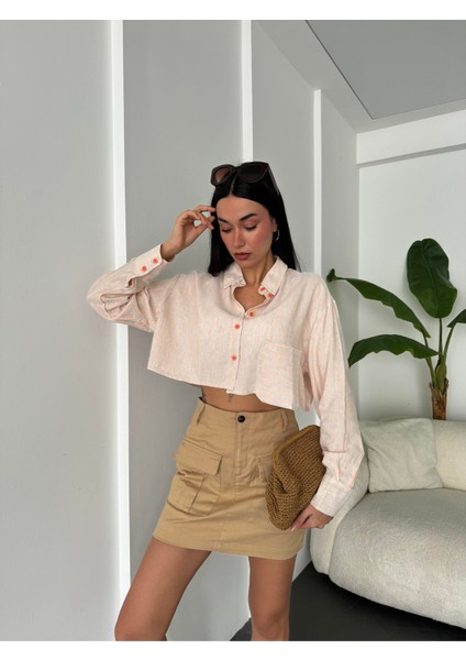Oranj Keten Neon Çizgili Crop Gömlek 25417 fiyatları