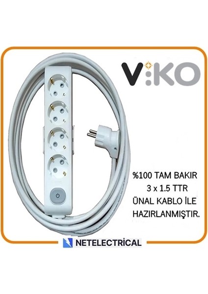 Multi-Let 4'lü Anahtarlı 8 Metre Topraklı Çocuk Korumalı Kablolu Grup Priz
