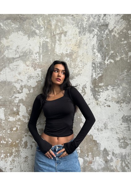 Siyah Kare Yaka Uzun Kollu Slimfit Basic Body 27053 indirimleri