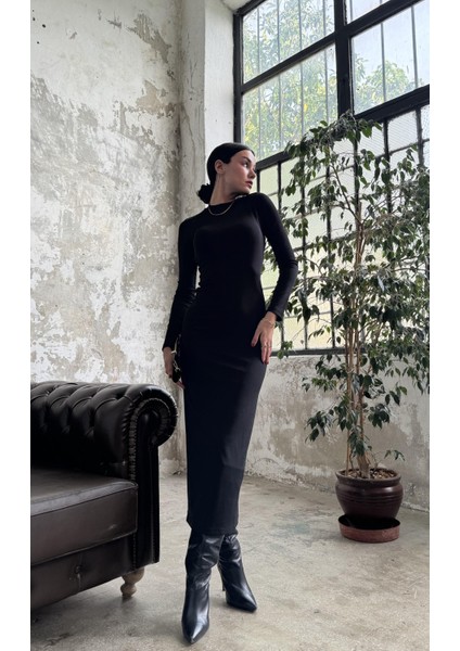 Siyah Sırtı Açık Bisiklet Yaka Fitted/vücuda Oturan Uzun Elbise 26288