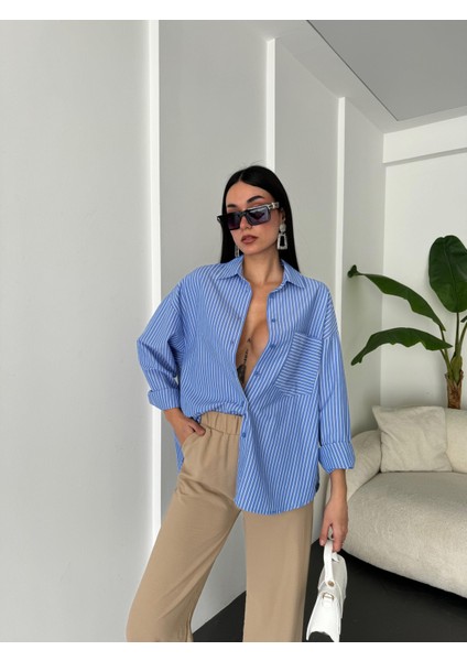 Mavi Beyaz Çizgili Oversize Cepli Gömlek 27135 fiyatları
