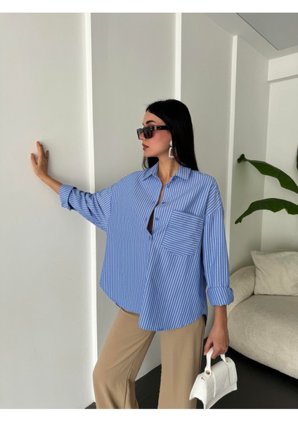 Mavi Beyaz Çizgili Oversize Cepli Gömlek 27135 modelleri