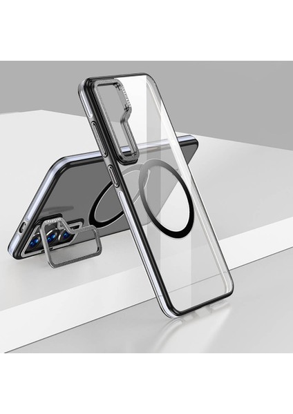 Galaxy S24 Uyumlu Kılıf Magsafe Şarj Özellikli Şeffaf Görünüm Wlons Standlı Efsane Kapak Siyah