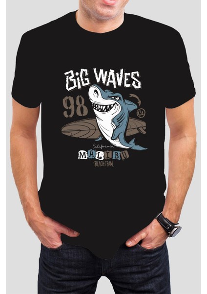 Big Waves Köpek Balığı Baskılı Beyaz Unisex Tişört C323