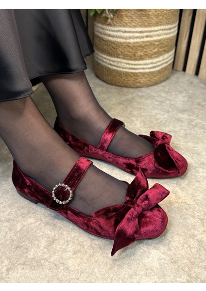 Günlük Kadın Kadife Fiyonklu Balerin Babet Tek Bantlı Tokalı Oval Burun Tırtıklı Taban Ayakkabı 283