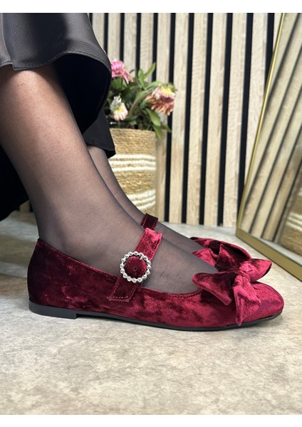 Günlük Kadın Kadife Fiyonklu Balerin Babet Tek Bantlı Tokalı Oval Burun Tırtıklı Taban Ayakkabı 283 modelleri