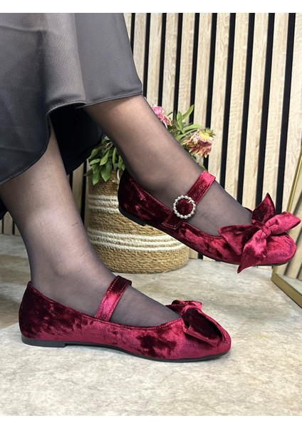 Günlük Kadın Kadife Fiyonklu Balerin Babet Tek Bantlı Tokalı Oval Burun Tırtıklı Taban Ayakkabı 283 fırsatları