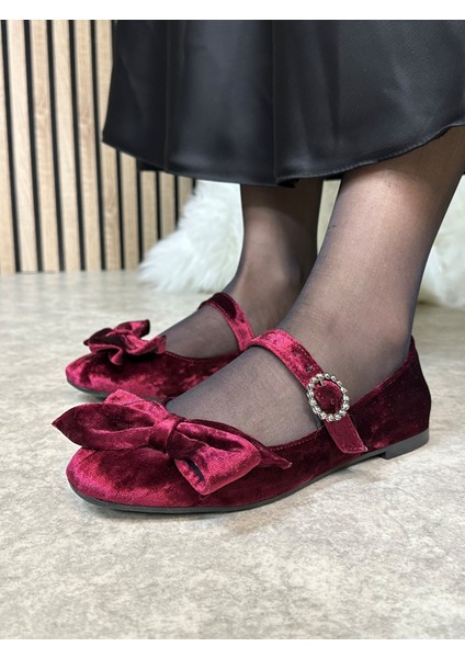 Günlük Kadın Kadife Fiyonklu Balerin Babet Tek Bantlı Tokalı Oval Burun Tırtıklı Taban Ayakkabı 283 indirimleri