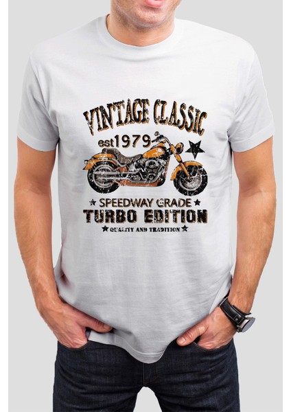 Vintage Motor Baskılı Beyaz Unisex Tişört C317