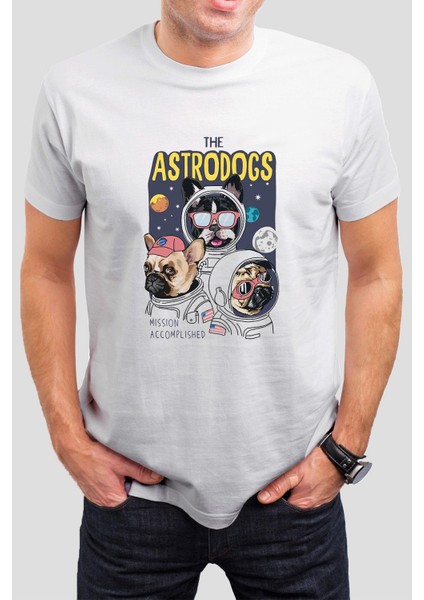 Astronot Köpekler Baskılı Beyaz Unisex Tişört C319