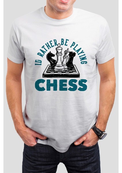 Santranç Baskılı Beyaz Unisex Tişört C337