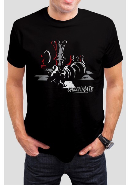 Santranç Baskılı Siyah Unisex Tişört C336