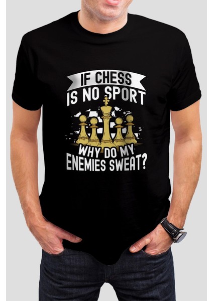 Santranç Baskılı Siyah Unisex Tişört C340