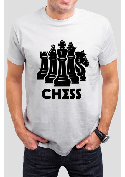 Santranç Chess Baskılı Beyaz Unisex Tişört C341