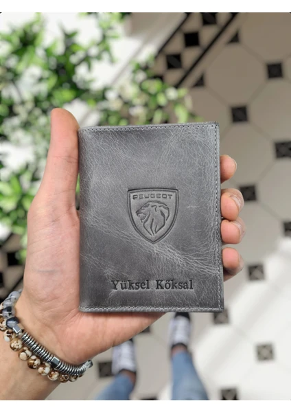 Visso Leather Peugeot Logolu  Deri Araç Ruhsat Kılıfı Isme Özel Çanta Erkek Kadın Modeli