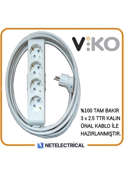 Multi-Let 4'lü 12 Metre Topraklı Çocuk K. Grup Priz (3x2.5 Ttr Tam Bakır Kalın Kablolu)