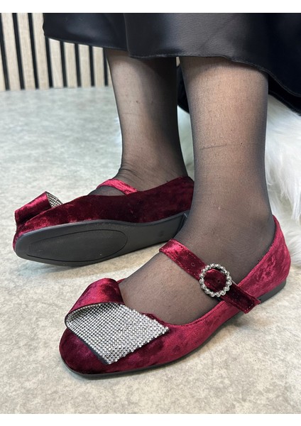 Günlük Kadın Kadife Taşlı Balerin Babet Tek Bantlı Tokalı Oval Burun Tırtıklı Taban Ayakkabı 285 modelleri