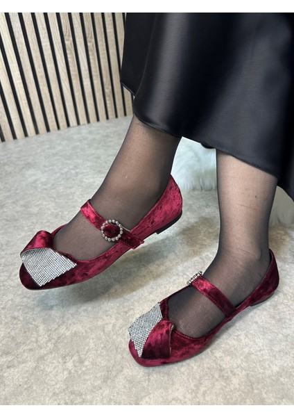 Günlük Kadın Kadife Taşlı Balerin Babet Tek Bantlı Tokalı Oval Burun Tırtıklı Taban Ayakkabı 285 indirimleri