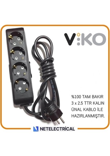 Multi-Let Siyah 4'lü 5 Metre Topraklı Çocuk Korumalı Kablolu Grup Priz (3x2.5 Ttr Tam Bakır Kalın Kablolu)