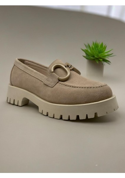 2846 Bej Deri Süet Günlük Kadın Ayakkabı