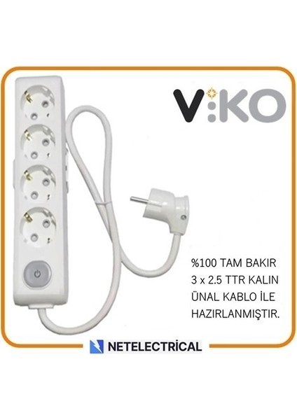 Multi-Let 4'lü 5 Metre Anahtarlı Topraklı Çocuk Korumalı Kablolu Grup Priz (3x2.5 Ttr Tam Bakır Kalın Kablolu)