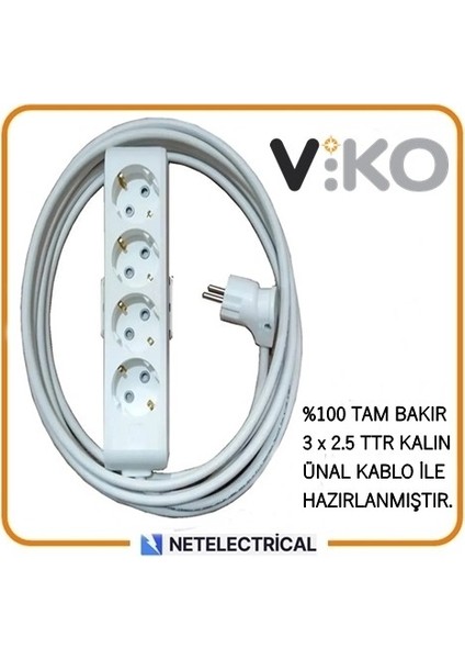 Multi-Let 4'lü 10 Metre Topraklı Çocuk K. Grup Priz (3x2.5 Ttr Tam Bakır Kalın Kablolu)
