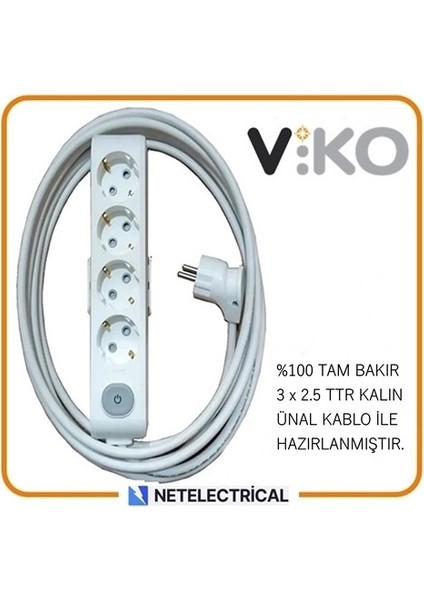 Multi-Let 4'lü 9 Metre Anahtarlı Topraklı Çocuk Korumalı Kablolu Grup Priz (3x2.5 Ttr Tam Bakır Kalın Kablolu)