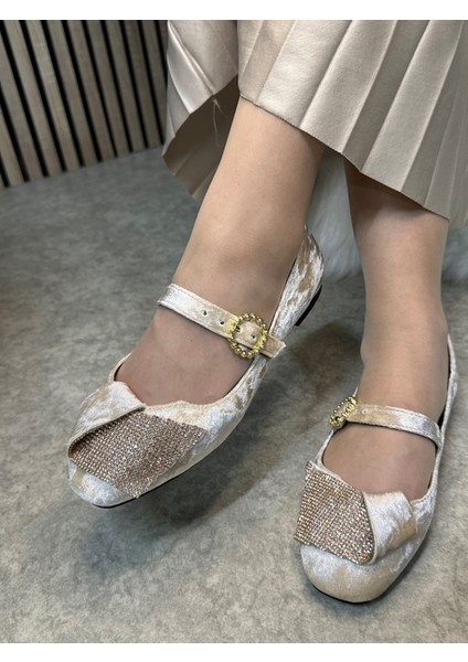 Günlük Kadın Kadife Taşlı Balerin Babet Tek Bantlı Tokalı Oval Burun Tırtıklı Taban Ayakkabı 285 indirimleri