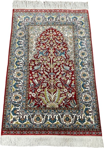 El Dokuma Saf Ipek Seccade 75 x 110 cm Ağaçlı Kuşlu Model %100 Ipek Halı