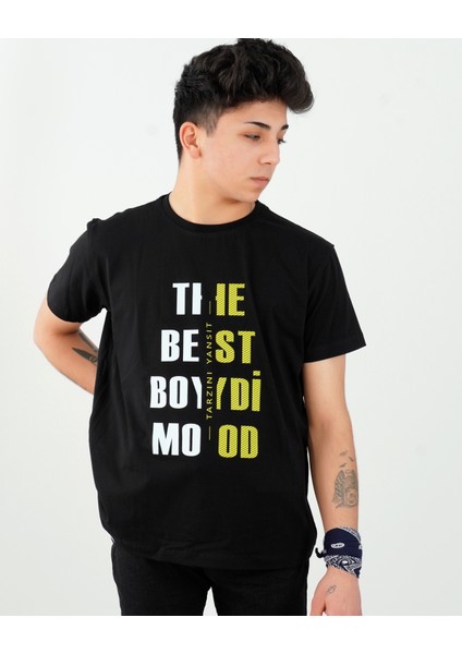 Sarı The Best Boydi̇Mood Baskili Oversize Siyah Tişört