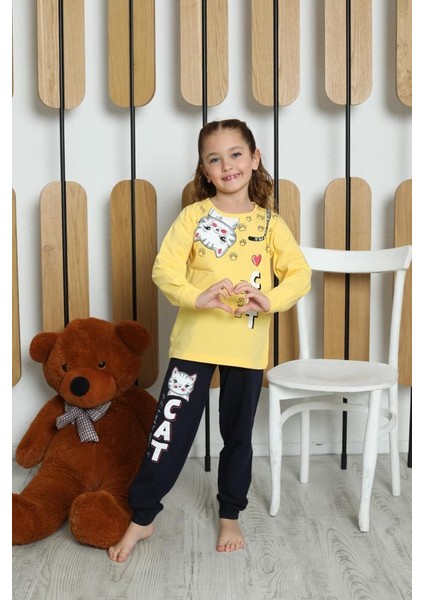 Yeni Sezon Kız Çocuk Garson Uzun Kollu Pamuk Cat Desen Penye Pijama Takımı 6053 modelleri