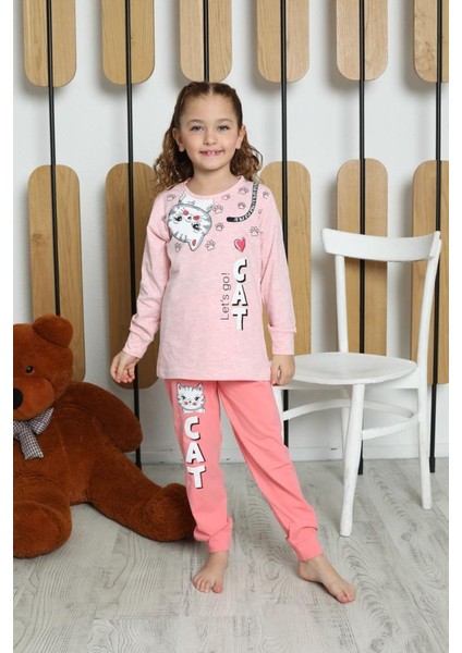 Yeni Sezon Kız Çocuk Garson Uzun Kollu Pamuk Cat Desen Penye Pijama Takımı 6053 modelleri