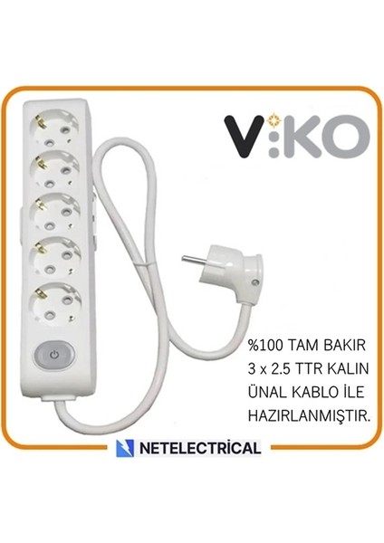 Multi-Let 5'li 1 Metre Anahtarlı Topraklı Çocuk Korumalı Kablolu Grup Priz (3x2.5 Ttr Tam Bakır Kalın Kablolu)