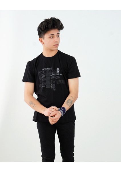 Erkek Boydimood Baskılı Oversize Siyah Tişört