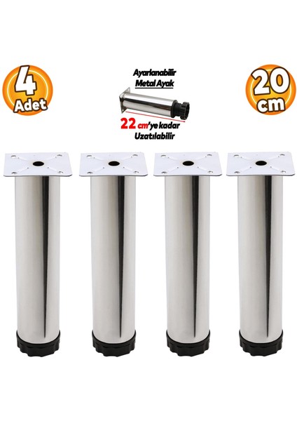 Ayarlanabilir Mobilya Kanepe Baza Koltuk Konsol Tv Ünitesi Metal Destek Yükseltici Ayağı 20 cm Krom Ayakları (4 Adet)