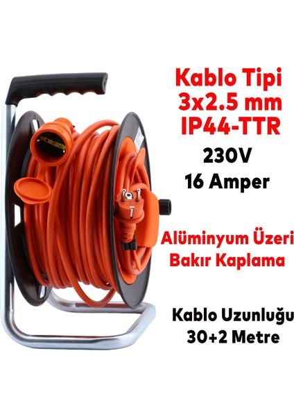 Makaralı Seyyar Kablo Uzatma Kablosu 3x2.5 mm Ttr Kablo 30+2 Metre