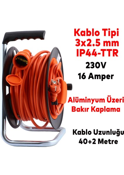 Makaralı Seyyar Kablo Uzatma Kablosu 3x2.5 mm Ttr Kablo 40+2 Metre