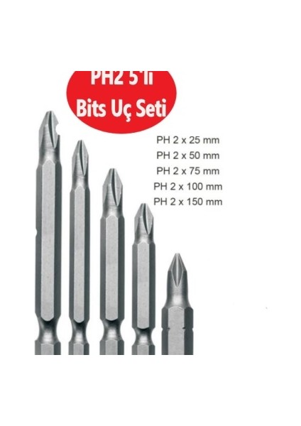 Bits Uç, PH2 Yıldız Matkap Ucu 25mm, 50 mm 75mm, 100mm, 150mm PH2 5'li Set