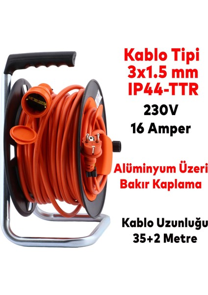 Makaralı Seyyar Kablo Uzatma Kablosu 3x1.5 mm Ttr Kablo 35+2 Metre