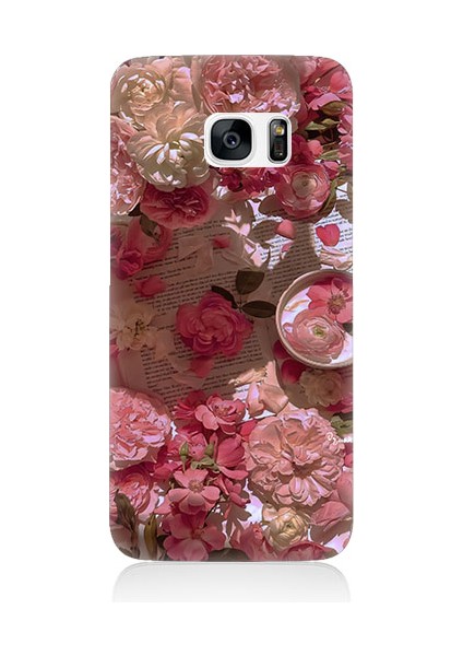 Samsung Galaxy S7 Edge Uyumlu Pembe Güller ve Kitap Desenli Silikon Kılıf