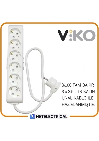 Multi-Let 6'lı 2 Metre Topraklı Çocuk Korumalı Kablolu Grup Priz (3x2.5 Ttr Tam Bakır Kalın Kablolu)