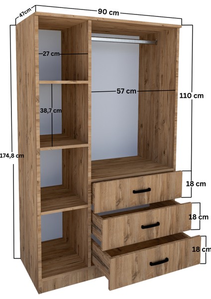 Easy Atlantik Çam 3 Kapılı 3 Çekmeceli Çok Amaçlı Elbise Dolabı