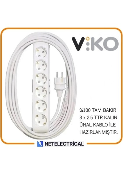 Multi-Let 6'lı 25 Metre Topraklı Çocuk Korumalı Kablolu Grup Priz (3x2.5 Ttr Tam Bakır Kalın Kablolu)