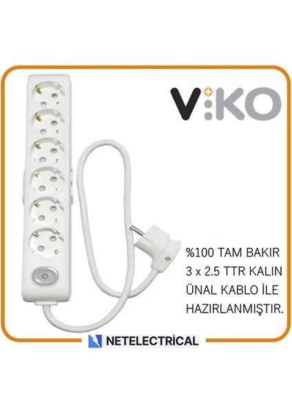 Multi-Let 6'lı 3 Metre Anahtarlı Topraklı Çocuk Korumalı Kablolu Grup Priz (3x2.5 Ttr Tam Bakır Kalın Kablolu)
