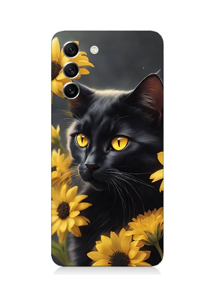 Samsung Galaxy S21 Fe Uyumlu Sarı Çiçekler ve Kara Kedi Desenli Silikon Kılıf