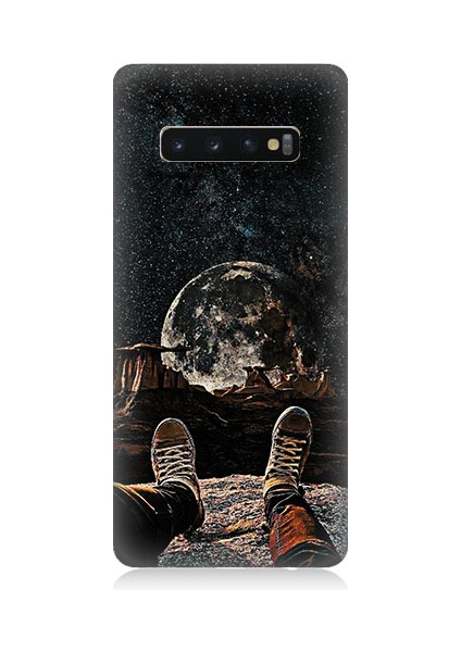 Samsung Galaxy S10 Plus Uyumlu Yıldızlı Bir Gece ve Ay Desenli Silikon Kılıf