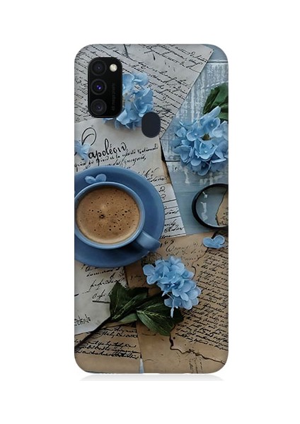 Samsung Galaxy M30S Uyumlu Mavi Çiçekler ve Mektuplar Desenli Silikon Kılıf